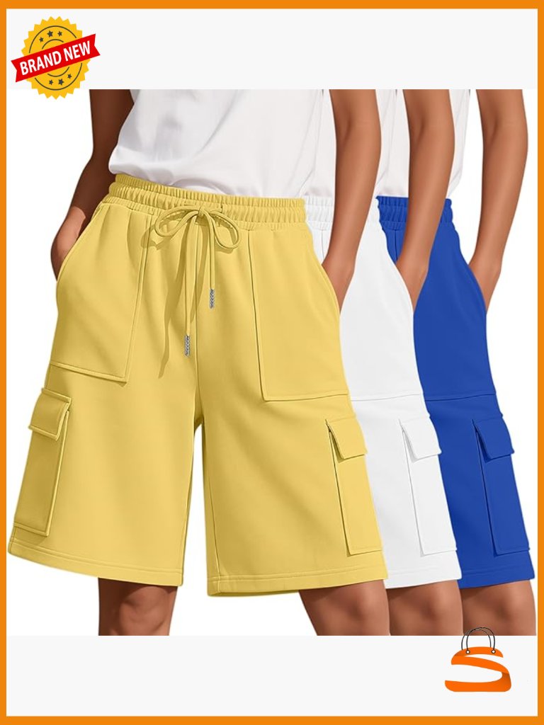 3 Pack Women's Bermuda Cargo Shorts Wide Leg Baggy Sweat Shorts With Pockets